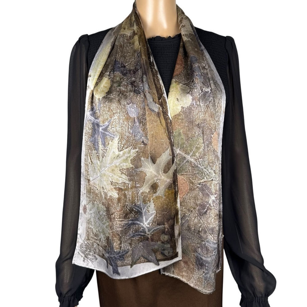 New 100% Silk Hand Dyed Leaves Ecoprint Rectangle Scarf 11'' x 58''